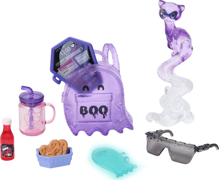 Păpușă Monster High Spectra Vondergeist cu dihorul Rhuen și accesorii precum rucsac, tabletă, gustări și multe altele, HXH77