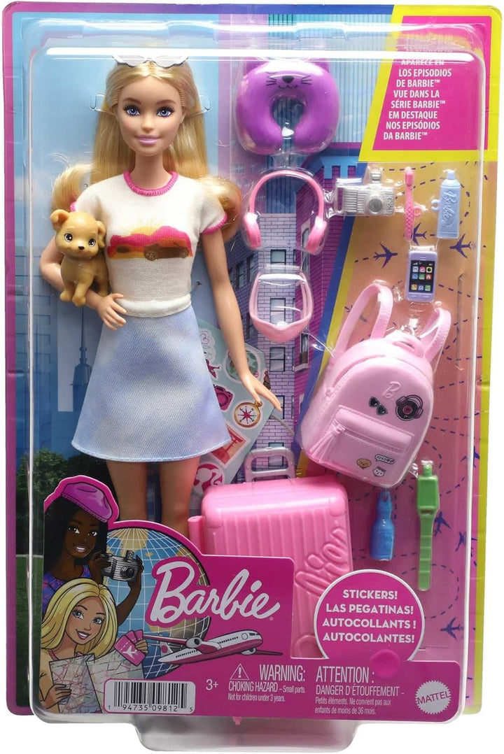 Păpușă Barbie, Travel Barbie cu păr blond, 10+ accesorii de călătorie, autocolante, valiză, cățeluș, incl. 1 păpușă, cadou pentru copii, jucărie de la 3 ani,Hjy18