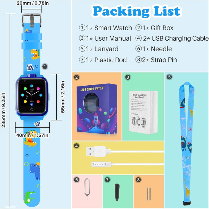 4G smartwatch pentru copii cu cartela SIM, GPS tracker, mai multe stiluri de desktop pentru a alege de la, apeluri bidirecționale, SOS, Wi-Fi, touchscreen rezistent la apă pentru 4-12 băieți și fete (T13 Blue)