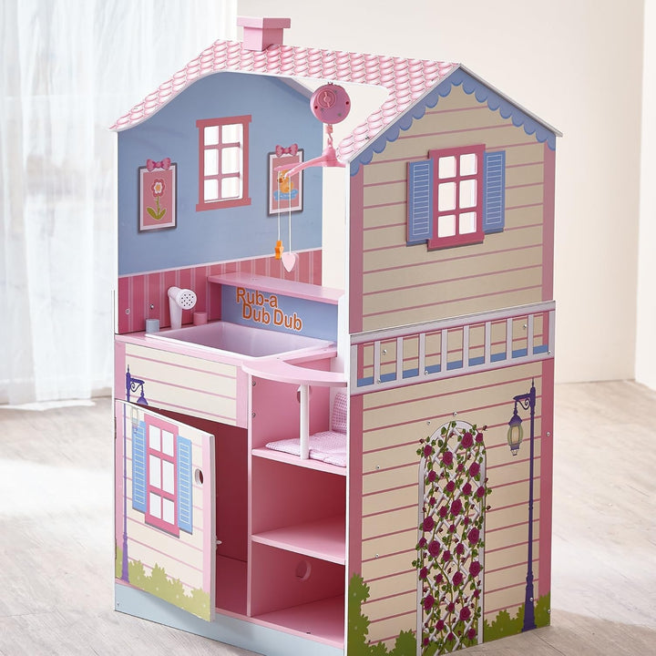 Olivia's Little World 2 En 1 Casă de păpuși și stație de schimbare Masa de schimbare Playset pentru păpuși din lemn cu scaun înalt TD-11460A