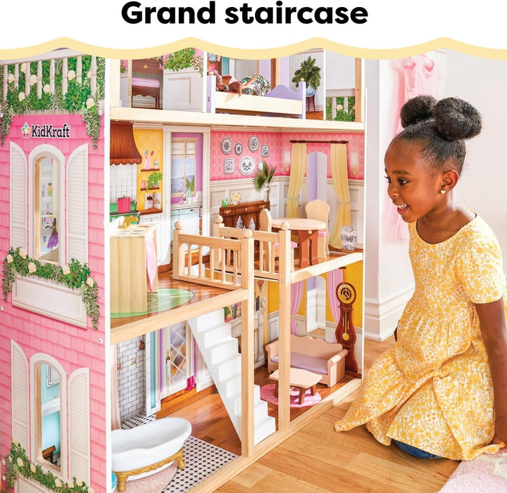Casă de păpuși din lemn Kidkraft Charlotte cu mobilier și accesorii, casă de păpuși în stil clasic pentru păpuși de 30 cm, jucărie pentru copii de la 3 ani, 65956