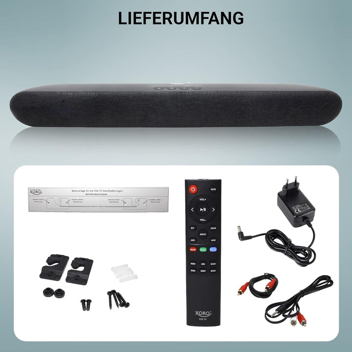 XORO Stereo Fernsehlautsprecher Soundbar HSB 70 Mit Bluetooth, 60 Watt Ausgangsleistung, AV IN, HDMI ARC, USB 2.0 Mediaplayer, Inkl. Wandhalterung, Ir-Fernbedienung