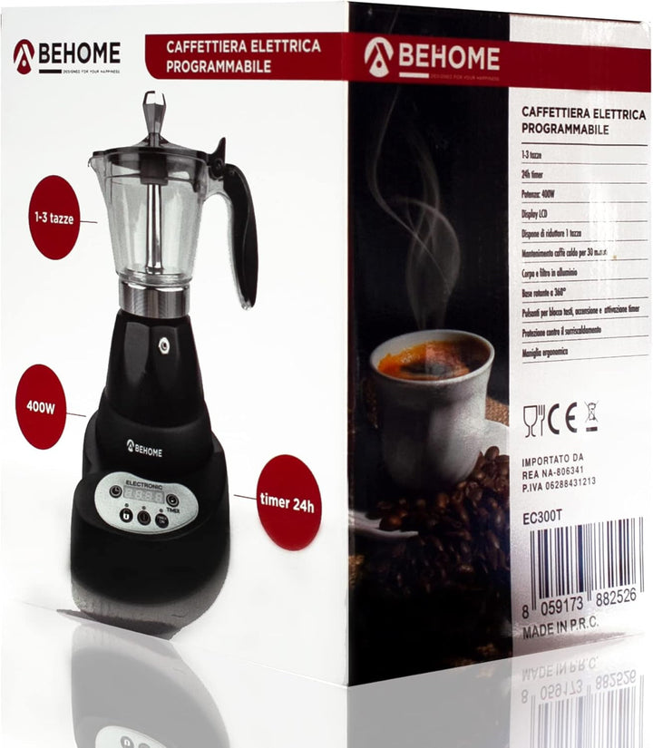 Cafetieră electrică italiană cu 3 căni, cafetieră electrică programabilă Mocha cu temporizator, oprire automată, cafea fierbinte timp de 30 de minute, aluminiu negru (cu temporizator)