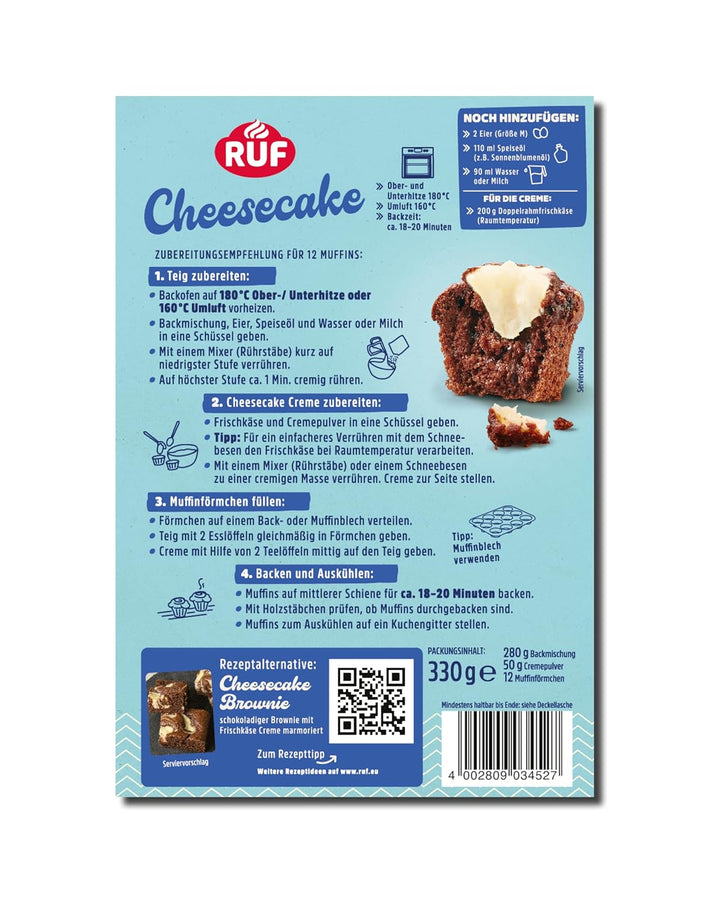 RUF Cheesecake-Muffins Backmischung, American Style Muffins Mit Cremiger Füllung, Einfache Zubereitung, 12 Muffin-Förmchen Inklusive