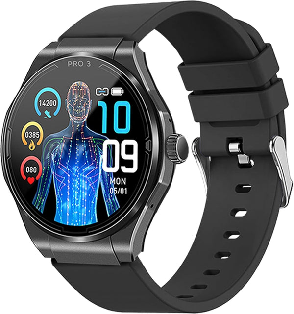 PRO 3 (2024) Negru - Ceas de sănătate Ceas inteligent cu funcție de telefonie - ECG + HRV și funcție SOS - Afișaj AMOLED- BT Bluetooth - Apnee de somn - Curea din silicon Negru, 14-24, rotund
