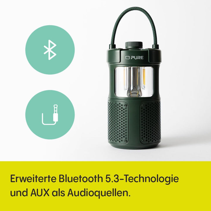 Difuzor de exterior Pure Woodland Glow cu lampă cu leduri (Bluetooth 5.3, sunet 360°, IPX6, portabil, baterie 14H - perfect pentru grădină și camping) Verde