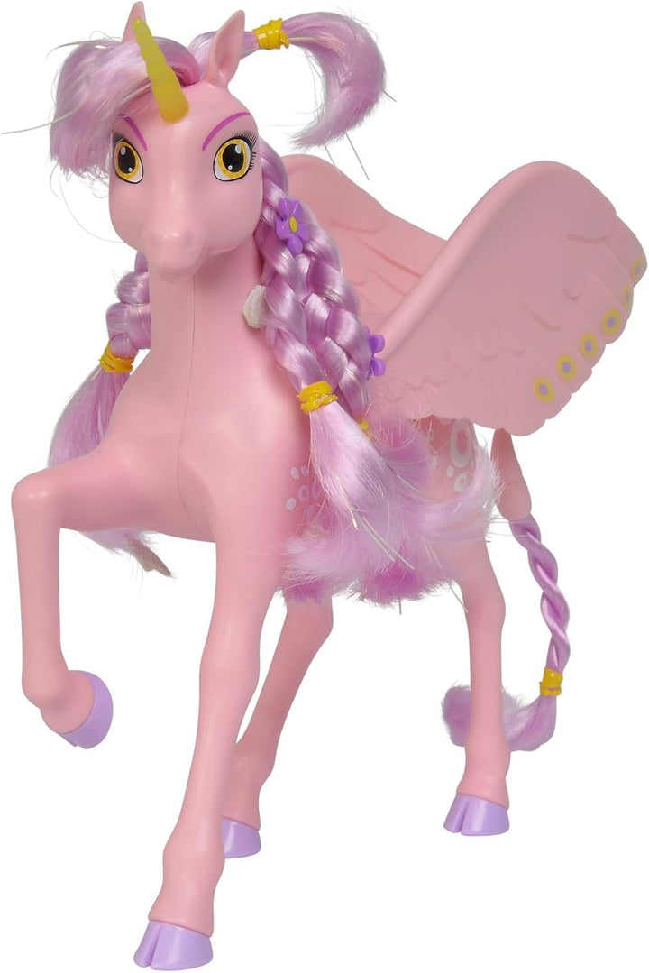 Simba 109480092 - Mia and Me Unicorn Kyara, cu aripi mobile, agrafe de păr și perie pentru coafat, 20 cm, de la 3 ani, roz