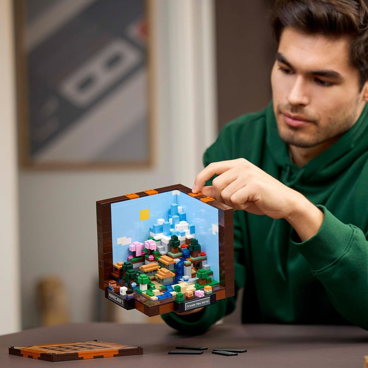Set de construcție LEGO Minecraft The Workbench, set de jocuri video cu 8 figuri, inclusiv Steve, Alex, creaturi și biome, model aniversar 15, idee de cadou pentru adulți, bărbați și femei 21265