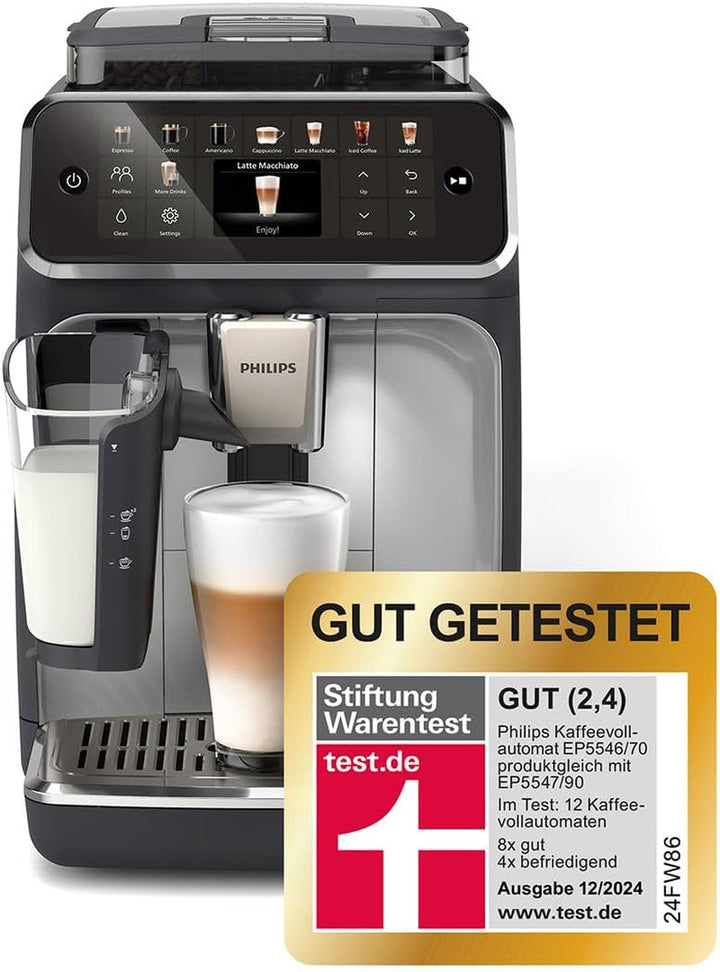 Espressor complet automat Philips seria 5500, inclusiv Latte Go, tehnologie Silent Brew și pornire rapidă. Cafea aromatică din boabe proaspăt măcinate, 20 de băuturi calde și cu gheață, gri (EP5544/50)