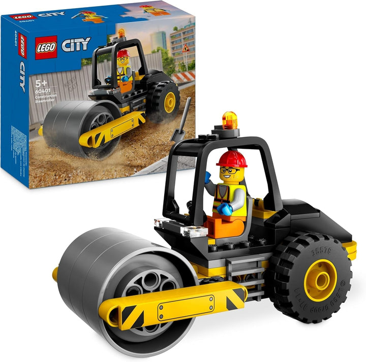 LEGO City Road Roller, vehicul de șantier pentru copii de la 5 ani, jucărie cu role cu aburi cu minifigurină de muncitor în construcții, experiență de joacă imaginativă pentru băieți și fete, mic, cadou distractiv 60401