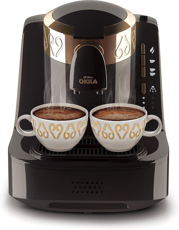 Espressor turcesc Arzum Okka, complet automat, 3 dimensiuni de cești, funcție de autocurățare, rezervor de apă de 950 ml, senzor de supraprotecție, design compact, negru-auriu