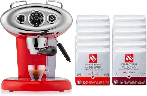 Espressor Illy pentru Iperespresso X7.1, culoare roșie, cu 216 capsule Iperespresso (108 capsule Hyperexpesso clasice și 108 INTENSO)