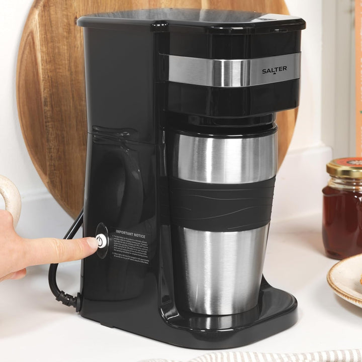 Cafetieră Salter pentru o singură ceașcă – Cafetieră cu filtru, filtru lavabil și reutilizabil, include o cană de călătorie din oțel inoxidabil de 420 ml. Prepară cafea în 3-4 minute, potrivită pentru cafea măcinată/capsule