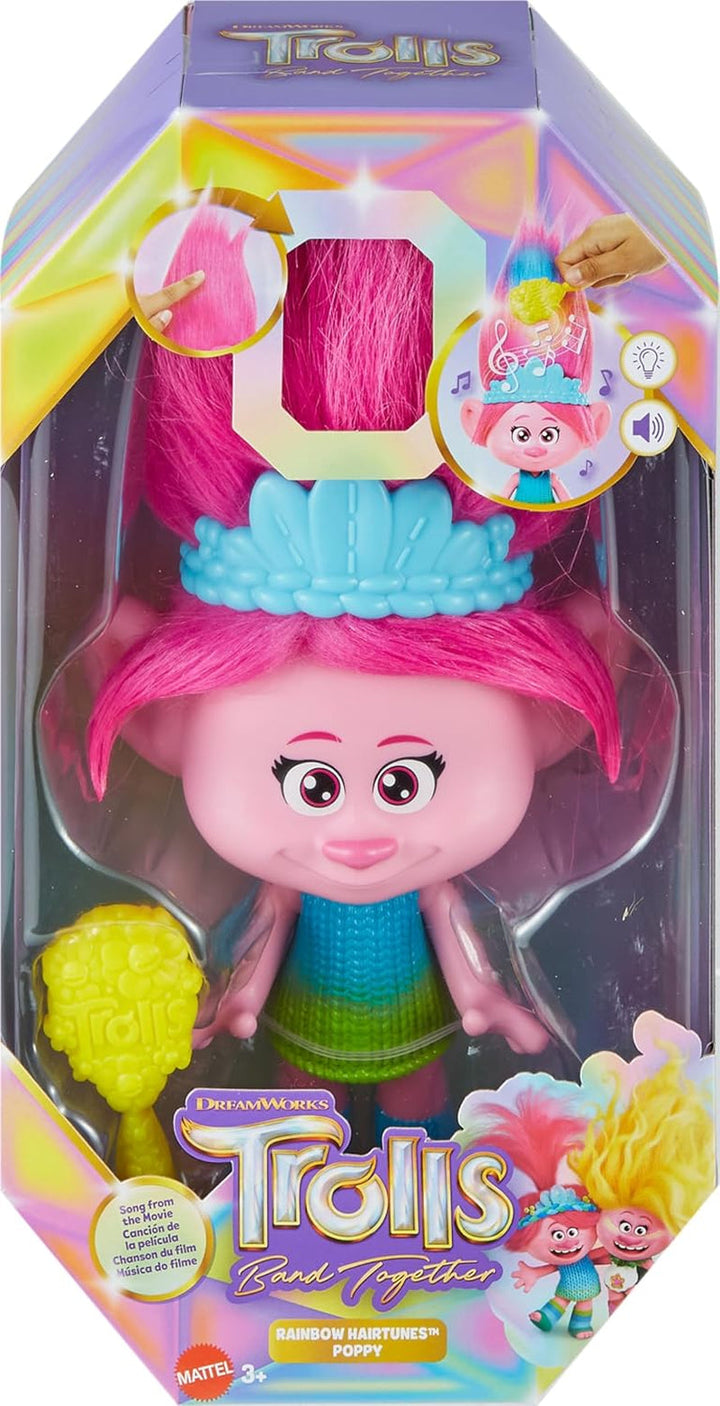 Mattel DREAMWORKS TROLLS Rainbow Hairtunes Poppy Doll - lumină și sunet, păr luminos, muzică și scaune, coroană detașabilă, pentru copii cu vârsta peste 3 ani, HNF20