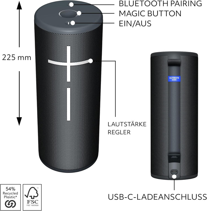 Ultimate Ears MEGABOOM 4 - Difuzor Bluetooth portabil, rezistent la apă, plutitor, cu sunet puternic la 360 de grade și basuri puternice, baterie reîncărcabilă de 20 de ore și rază de acțiune de 45 m - negru