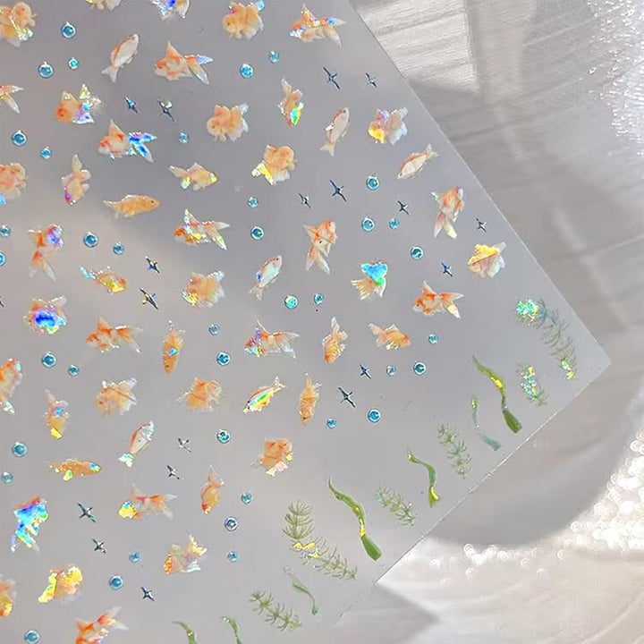 2 Stück Selbstklebende Nagelsticker Mit Muscheleffekt, Vierstrahlstern Und Goldfisch Design, Nagelaufkleber Für Fingernägel, Nail Art Zubehör Für Gelnägel