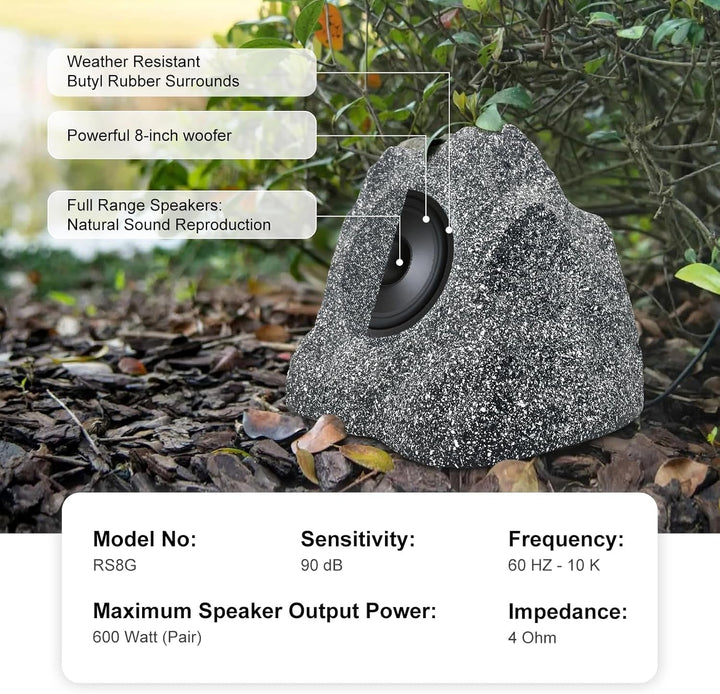 Herdio 8" Outdoor Rock Lautsprecher Hardwired 600 Watt, IPX6 Wasserdichtes Design Für Pool, Garten, Deck Und Outdoor Aktivitäten (Paar)