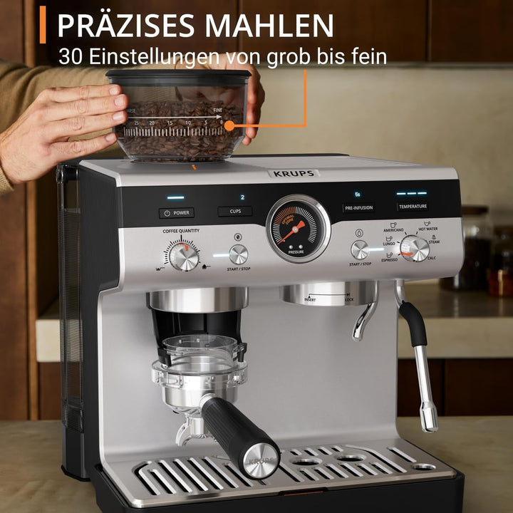 Krups Precision Mașină portafilter manuală Cu râșniță, Mașină de cafea Barista Cu panou de control intuitiv, Setări de pre-infuzie, Mașină espresso Cu duză de abur, Încălzire rapidă, XP801T10