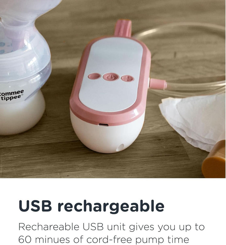 Tommee Tippee Made for Me Elektrische Einzel-Milchpumpe, Starke Saugkraft, Angenehmer, Wiederaufladbar Über USB, Leise, Tragbar, Express-Modi, Samt Babyflaschen