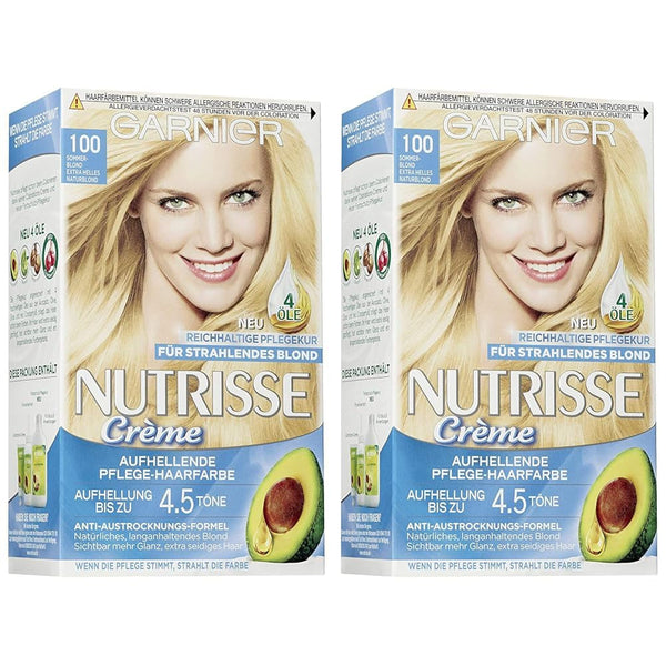 Garnier Nutrisse Creme No. 100 Extra Light Natural Blonde, vopsea de păr cu îngrijire de lungă durată, cu uleiuri de fructe hrănitoare, acoperire 100% gri (pachet de 2) Vopsea pentru par Naty Shop Titlu implicit