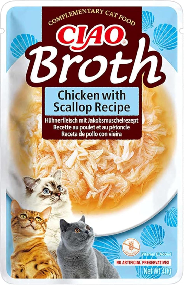 INABA Ciao Stew Hrană umedă pentru pisici 86% umiditate și vitamina E, supă premium pentru pisici cu pui și scoici 40 G (pachet de 12), 100% carne naturală, fără cereale, fără zahăr