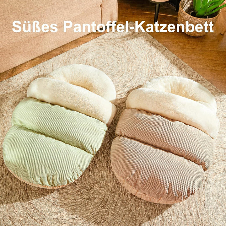 Pat de pisică drăguț, în formă de papuci, sac de dormit lavabil pentru pisici, peșteră moale din pluș, M-61 cm x 38 cm, pat pentru pisică cu fund antiderapant, cămilă