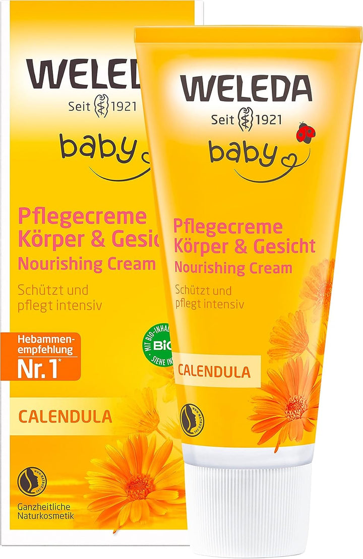 WELEDA Organic Baby Calendula Care Cream Body & Face 30ml - Cremă de față / cremă de piele pentru cosmetică naturală cu ulei de susan și lanolină pentru îngrijirea pielii uscate. Cremă hidratantă de îngrijire pentru bebeluși și copii