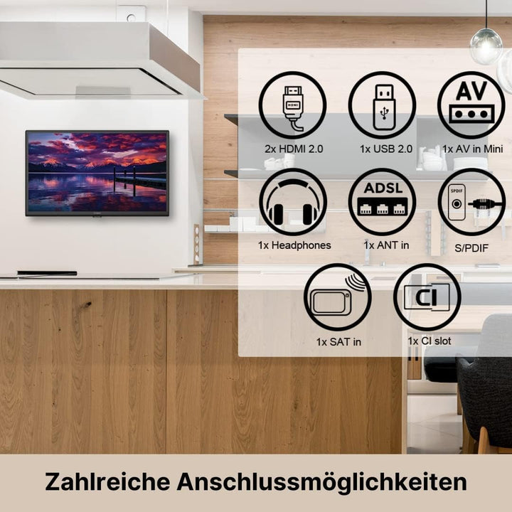 STRONG - 24 Zoll (60 Cm) HD Fernseher SRT24HE4023 - 12V Fernseher Ideal Für Wohnwagen, Wohnmobil - Triple-Tuner - 2 Hdmi-Anschlüsse (1 ARC), 1 Usb-Port, Mini-Av, Antennen-/Sat-Anschluss - Schwarz