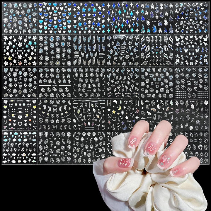 3D Nagelsticker Aurora 30 Blatt Gold Nail Art Sticker Selbstklebend Nagelaufkleber Holografisches Stern Herz Dekoration Nageldesign Zubehör