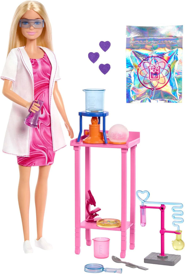 Barbie păpușă om de știință și accesorii cu păpușă blondă la modă, masă de laborator, microscop, caser cu schimbare de culoare și vas Petri, JCR70