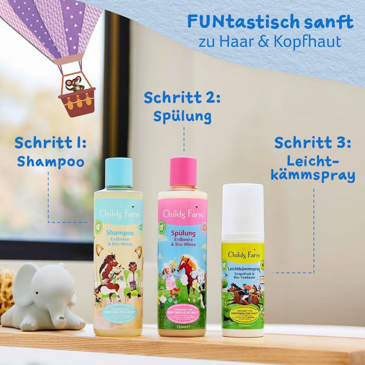 Balsam Childs Farm pentru copii 250 ml | Căpșuni și mentă organică | Toate tipurile de păr | Hrănește și hrănește | Potrivit pentru pielea uscată, sensibilă și predispusă la neurodermatită