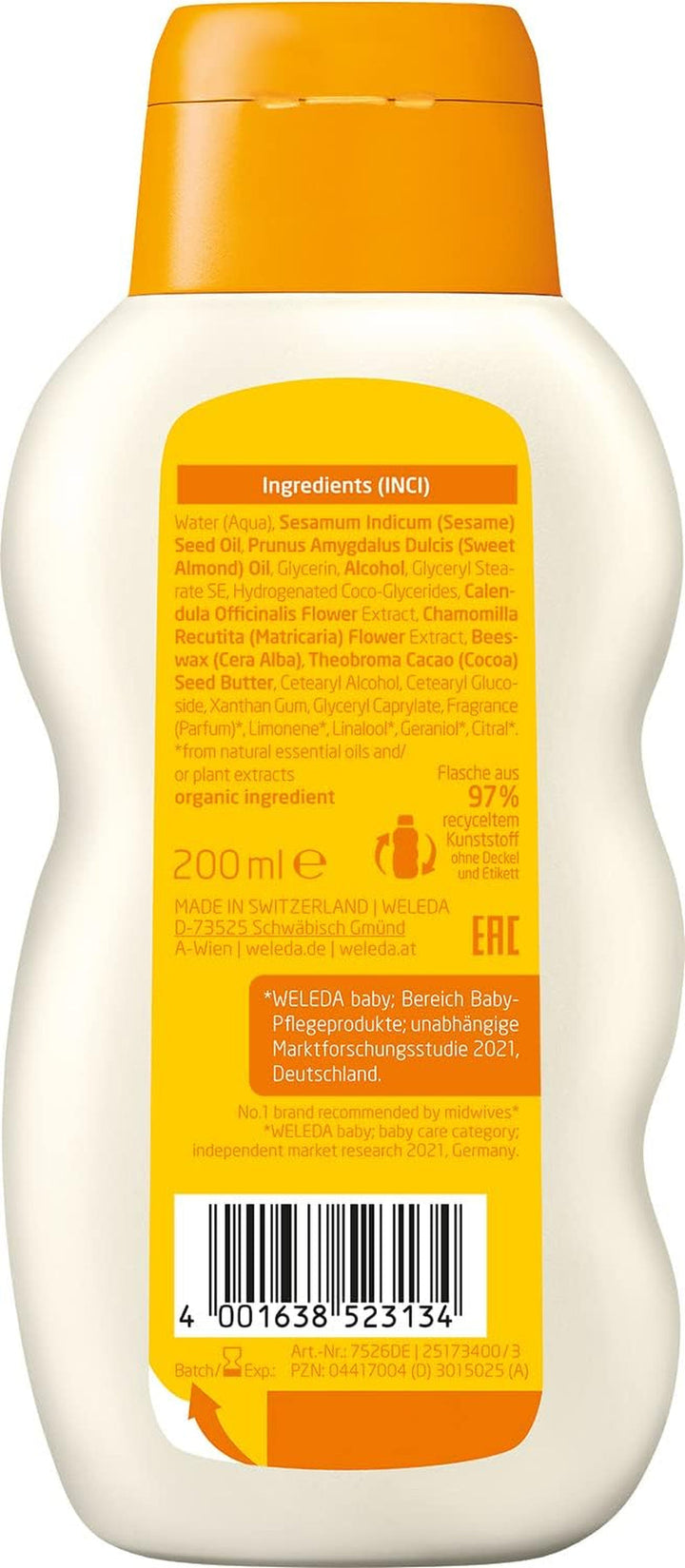 WELEDA Organic Baby Calendula Care Milk - Loțiune de corp cosmetică naturală cu ulei de migdale și ceară de albine pentru îngrijirea și curățarea pielii uscate a bebelușilor. Loțiune delicată de îngrijire a pielii pentru bebeluși și copii (1x 200ml)
