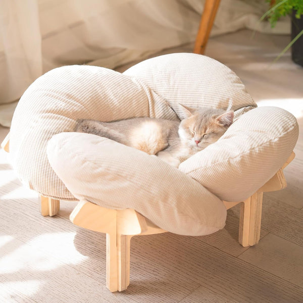 Pat ridicat pentru pisici în formă de floare, canapea mare pentru pisici de 55 cm lungime și lățime, scaun elegant pentru pisici cu pernă moale foarte elastică, mobilier pentru pisici pentru dormit, potrivit pentru toate pisicile