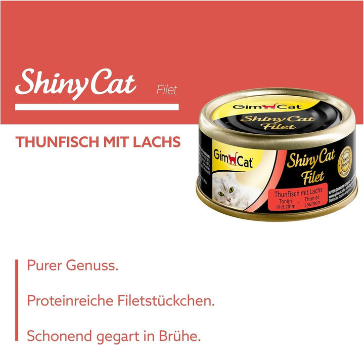 Gimcat Shinycat Fillet Tuna With Salmon - Hrană pentru pisici cu file suculent fără zahăr adăugat pentru pisici adulte - 24 cutii (24 X 70 G)