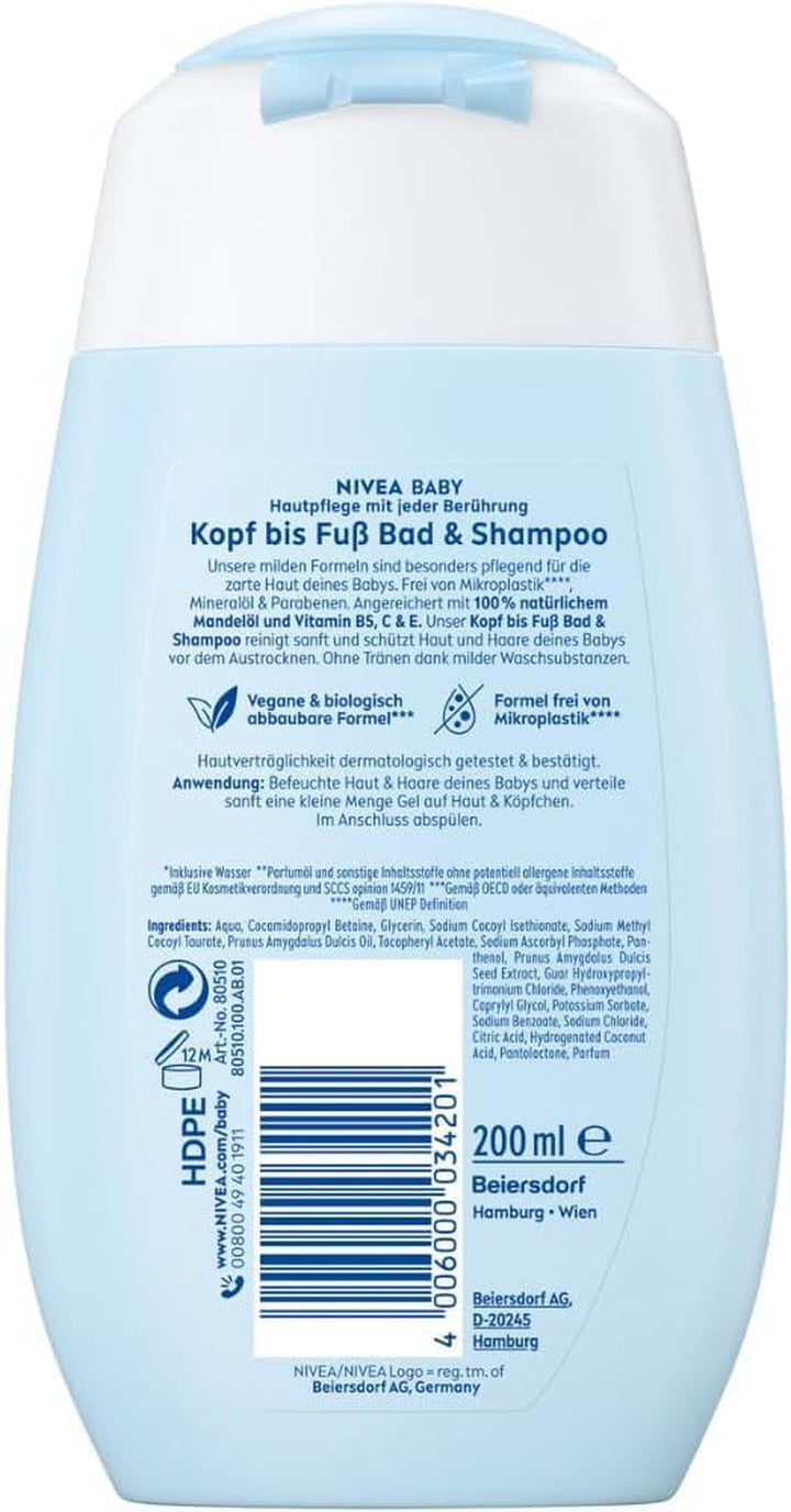 NIVEA BABY head to toe bath & shampoo, șampon blând vegan pentru copii pentru piele și păr cu ulei de migdale, gel de duș relaxant cu formulă hipoalergenică fără parabeni și microplastice (200 ml)