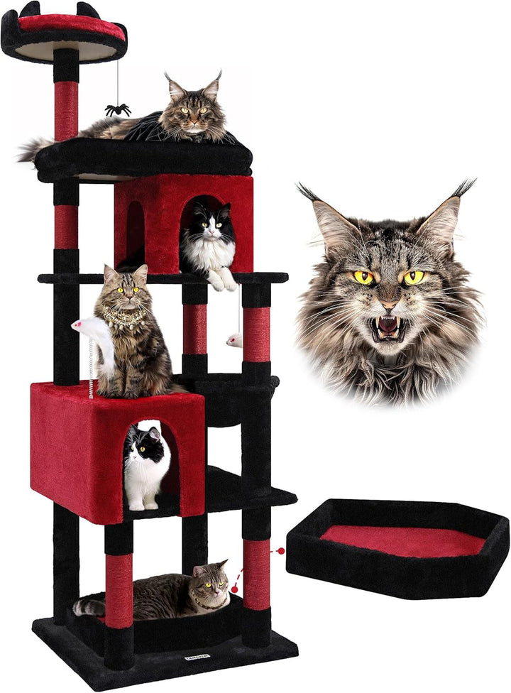 Ansamblu de pisici pentru Maine Coon, ansamblu de 183 cm înălțime, cu căsuță mare, platforme, stinghii, coș, pat pentru pisici, grajd, ansamble pentru pisici adulte de talie mare, peste 5 kg (S72, gri fumuriu)
