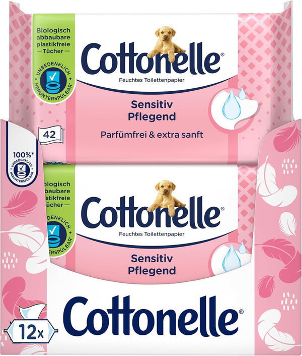 Șervețele umede, Sensitive Care - fără parfum, biodegradabilă, fără plastic, resigilabilă, pachet avantajos, 12 X 42 șervețele umede