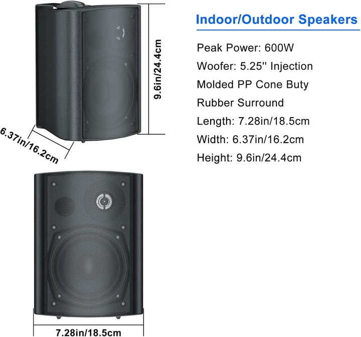 STUDIOFINIX 5,25 Zoll 600 Watt Außenlautsprecher Outdoor-Lautsprecher Für Outdoor Indoor Wandhalterung Patio Deck Camper Garten, Terrasse, Restaurant Home, 2 Paar (Schwarz)