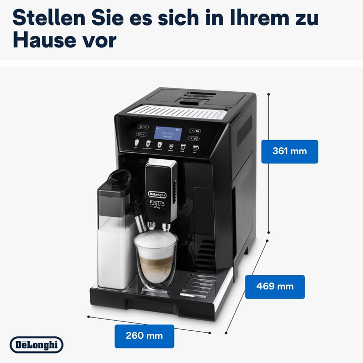 De'Longhi Eletta Evo ECAM 46.860.B Espressor complet automat cu sistem Latte Crema Milk, Cappuccino și Espresso prin apăsarea unui buton, afișaj LCD și butoane senzoriale, negru