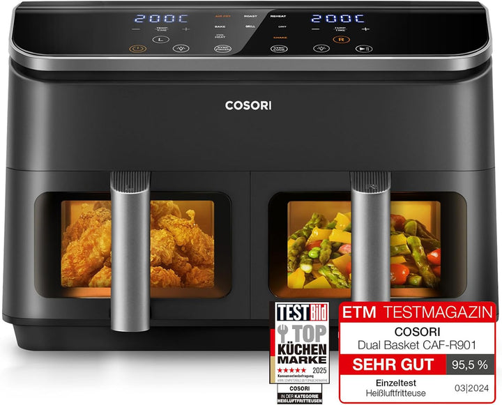 COSORI Heißluftfritteuse 2 Kammern Airfryer, 8-In-1 Dual Blaze Twinfry XXL 10L, Heissluftfritteuse Doppelkammer Mit Herausnehmbarem Trenner & Untere Heizelemente, 70 Rezepte, 2-6 Personen