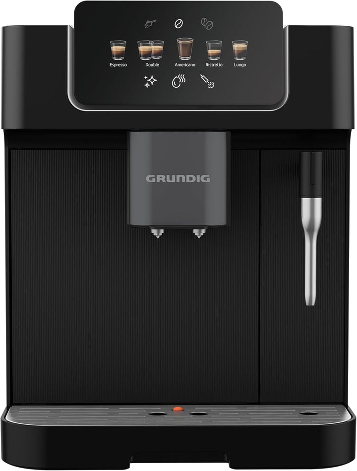 Espressor GRUNDIG KVA 6230 complet automat cu spumator de lapte, râșniță din oțel inoxidabil cu 13 niveluri de măcinare, recipient boabe de 250 g, rezervor de apă detașabil de 2 litri, presiune pompă 19 bar, ecran tactil, negru
