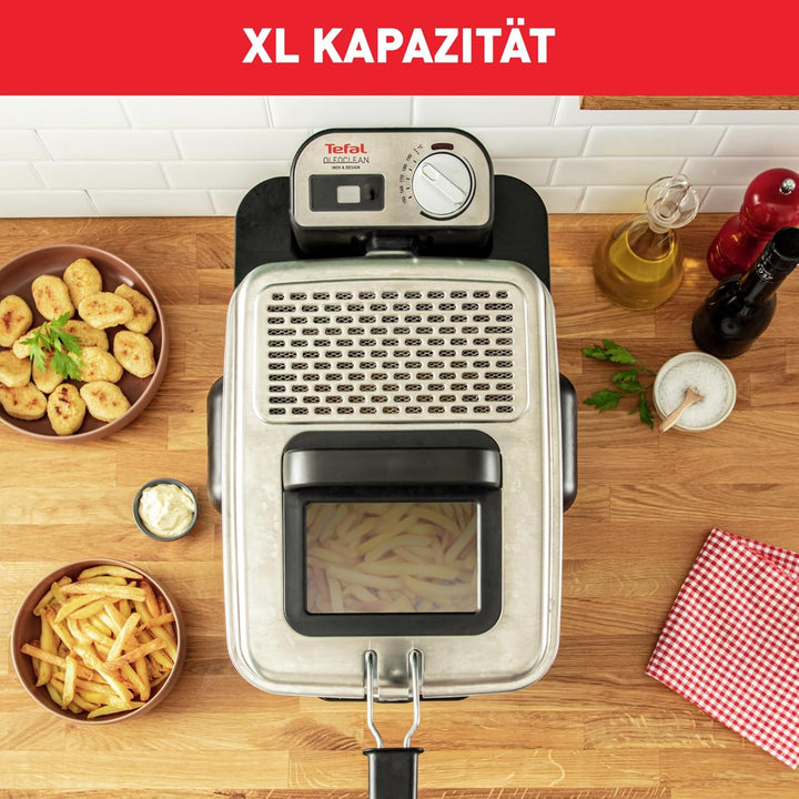 Tefal FR8040 Oleoclean Pro Inox & Design Fritteuse | 2300W | Kapazität 1,2 Kg | Herausnehmbarer Ölbehälter | Automatische Öl/Fett Filterung | Timer | Thermostat | 3.5 L | Schwarz/Edelstahl