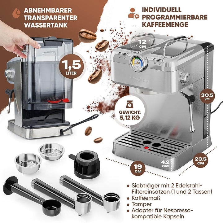 Espressor Proficook | Espressor inclusiv portafiltru | Pompă espresso profesională italiană 20 bar | Pentru cafea măcinată și capsule compatibile Nespresso | Portafiltru pentru espressor | PC ES 1267
