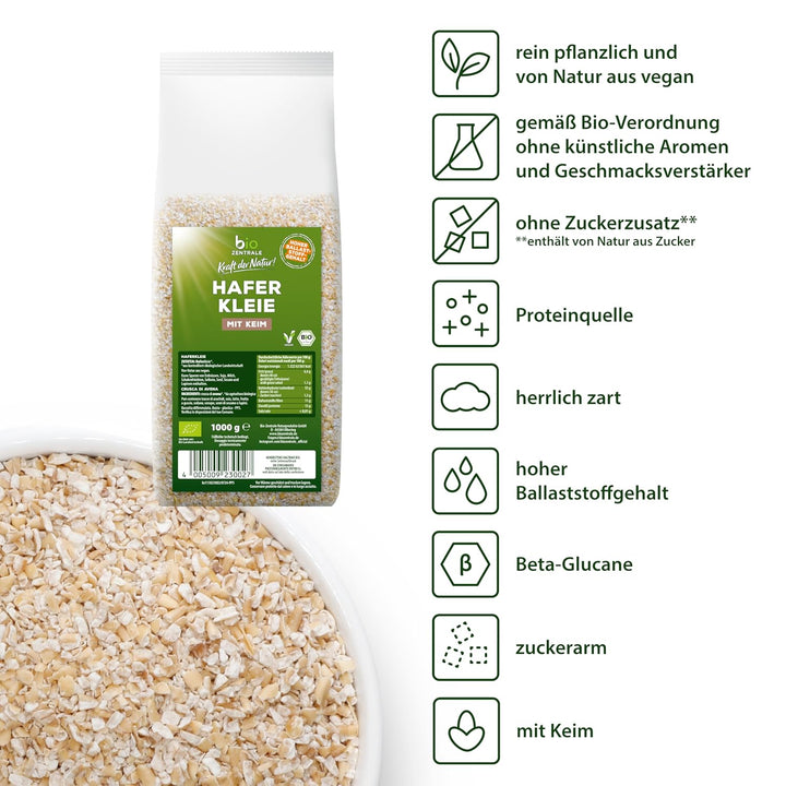 Biozentrale Bio Haferkleie 1Kg | Vorteilspack | Ballaststoffreiche Proteinquelle | Von Natur Aus Vegan | Aus EU Landwirtschaft | Zuckerarm