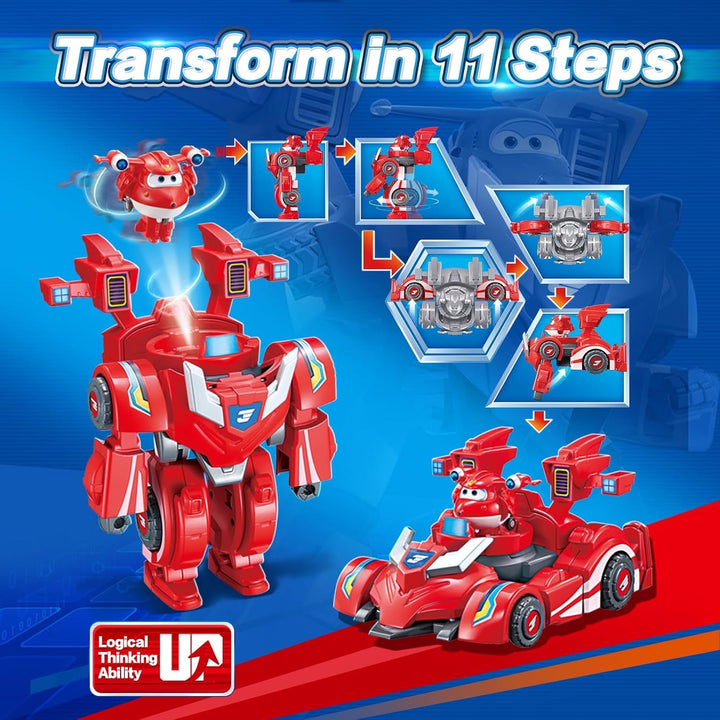 Super Wings EU770351 - Super Robot Suit Jett, aprox. 18 cm înălțime figurină de joacă transformabilă, costum de robot 2 în 1 și super mașină, pentru copii de la 3 ani în sus, Roșu