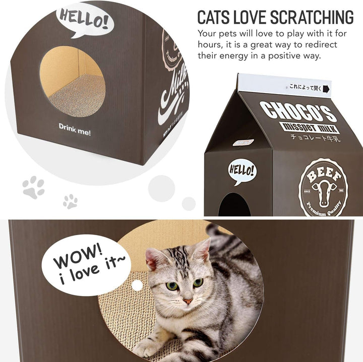 Căsuță pentru pisici din carton ondulat Scratchme, formă de cutie de lapte, căsuță pentru pisici de dimensiuni mici și medii, maro, 33 × 32 × 56 cm, pat negru tip cutie de lapte