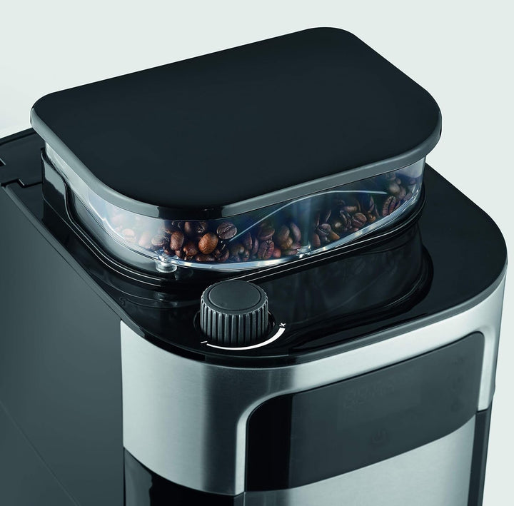 Espressor SEVERIN cu râșniță, espressor cu carafă de sticlă și funcție de cronometru, disponibil și ca espressor la filtru, pentru până la 10 cești de cafea, 1000 wați, negru/oțel inoxidabil, KA 4813