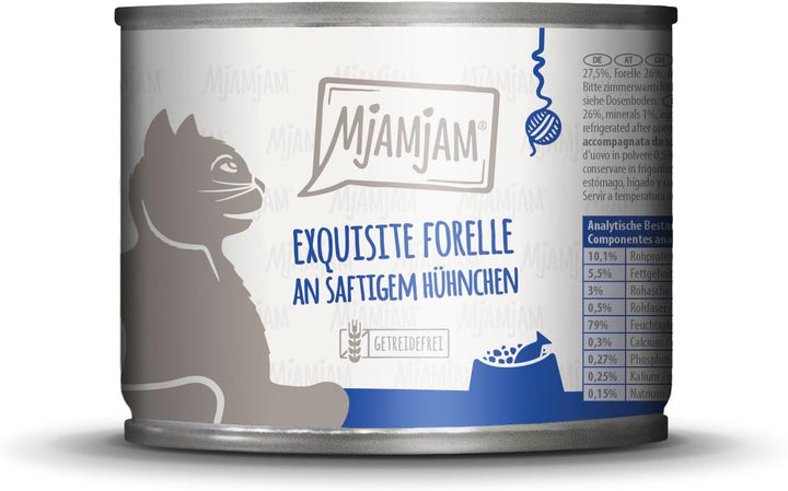 Mjamjam - Hrană umedă premium pentru pisici - Păstrăv rafinat cu pui suculent, pachet de 6 (6X200G), fără cereale