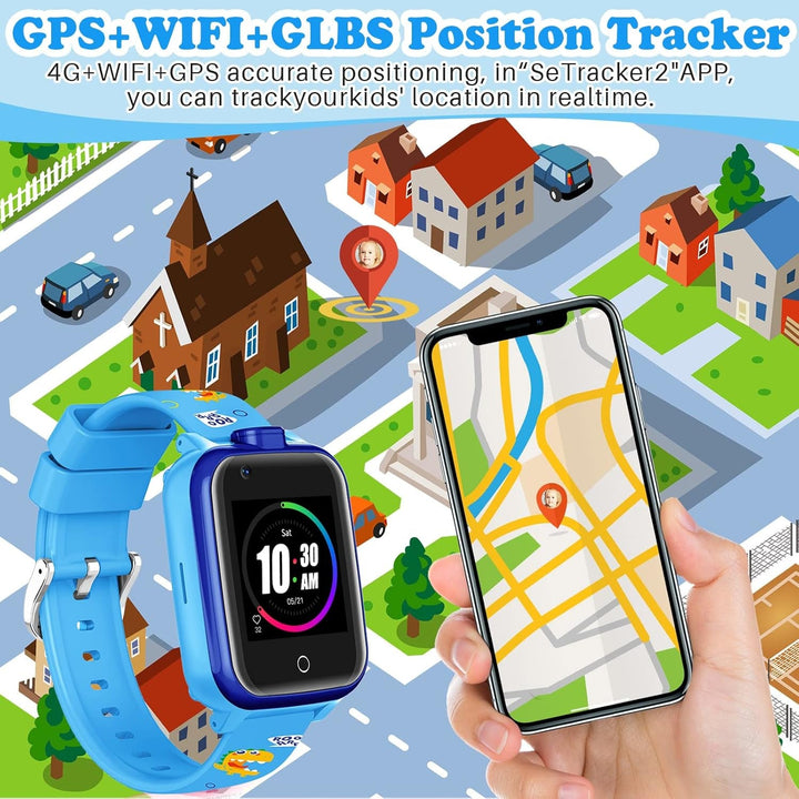 4G smartwatch pentru copii cu cartela SIM, GPS tracker, mai multe stiluri de desktop pentru a alege de la, apeluri bidirecționale, SOS, Wi-Fi, touchscreen rezistent la apă pentru 4-12 băieți și fete (T13 Blue)