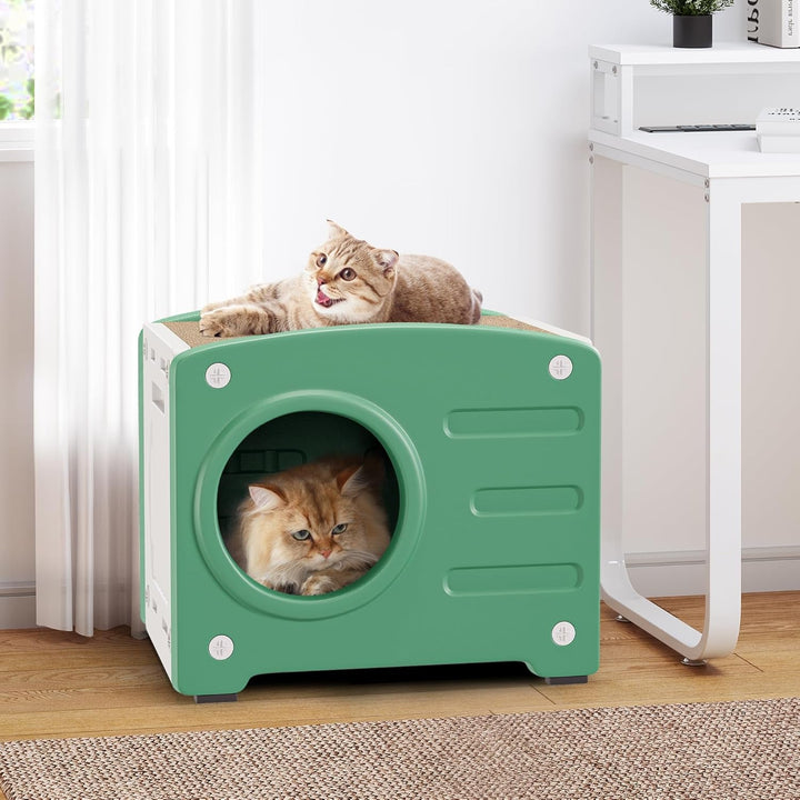 YITAHOME Căsuță pentru pisici de interior, Peșteră din plastic pentru pisici cu zgârietură, Pat pentru pisici de interior, Butoi pentru pisici, Peșteră pentru pisici, Capacitate de încărcare 99 kg, Rezistent la apă (Verde)
